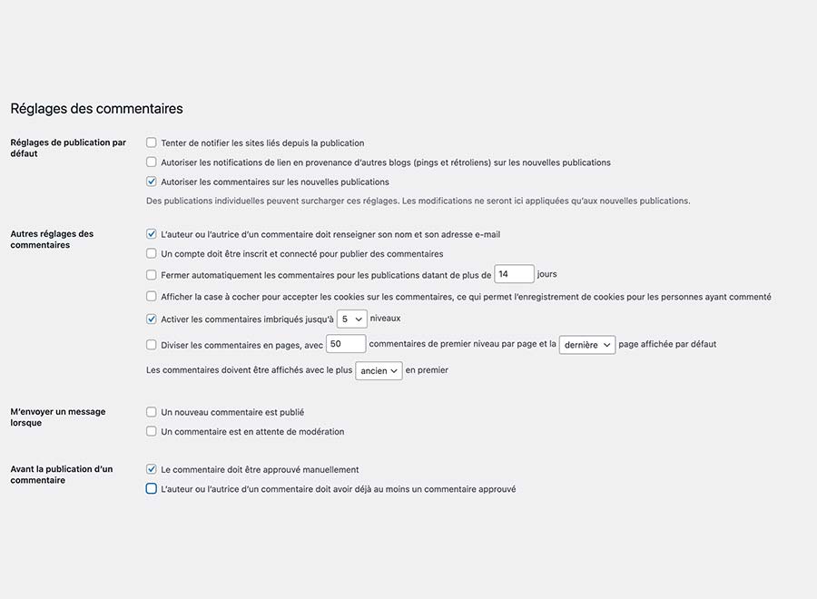 commentaires wordpress parametres