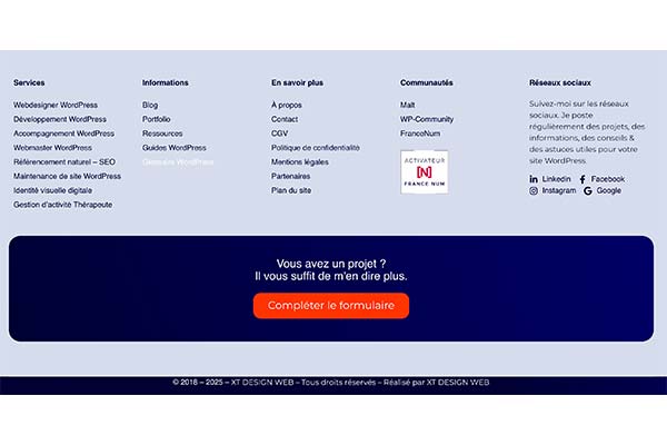 glossaire wordpress footer