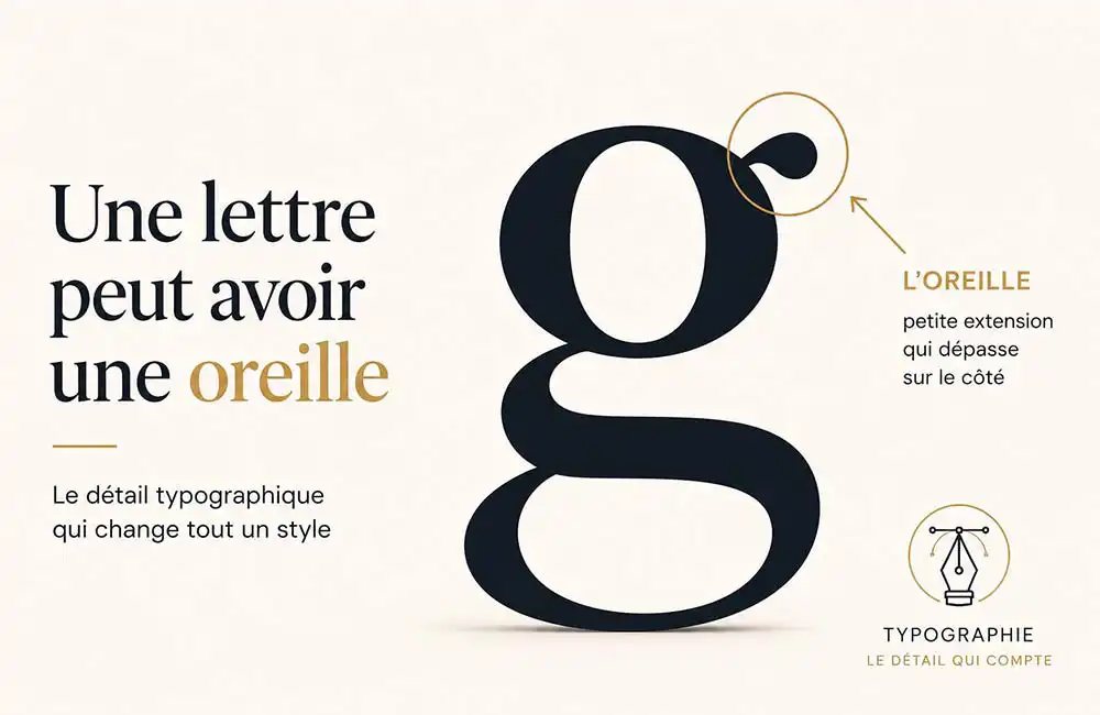 définition de l’oreille en graphisme avec exemple typographique sur la lettre g minuscule