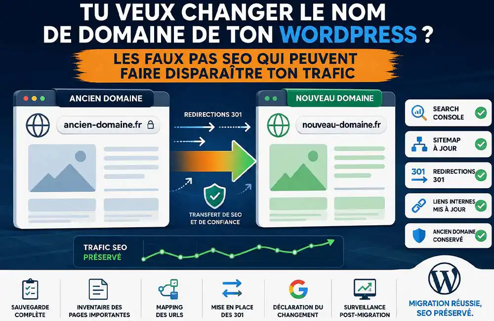 Migration de nom de domaine WordPress avec redirections SEO entre ancien et nouveau site