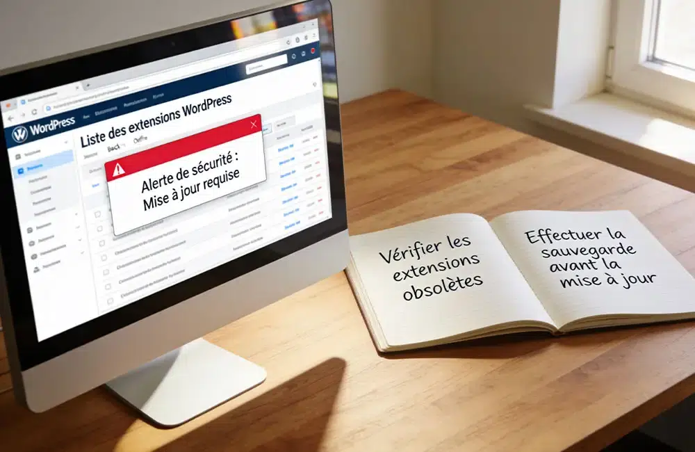 Bureau avec un ordinateur affichant la liste des extensions WordPress, une notification d'alerte rouge sur l'écran, une tasse de café et un carnet de notes