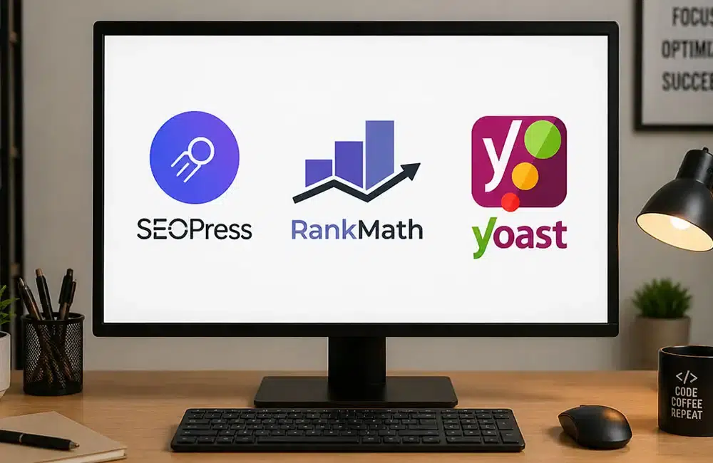 Bureau avec un écran affichant côte à côte les logos des plugins SEO WordPress SEOPress, Rank Math et Yoast