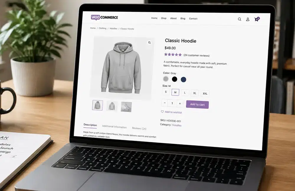Ordinateur portable ouvert sur une fiche produit WooCommerce, avec un bloc-notes et un café posés sur le bureau à côté