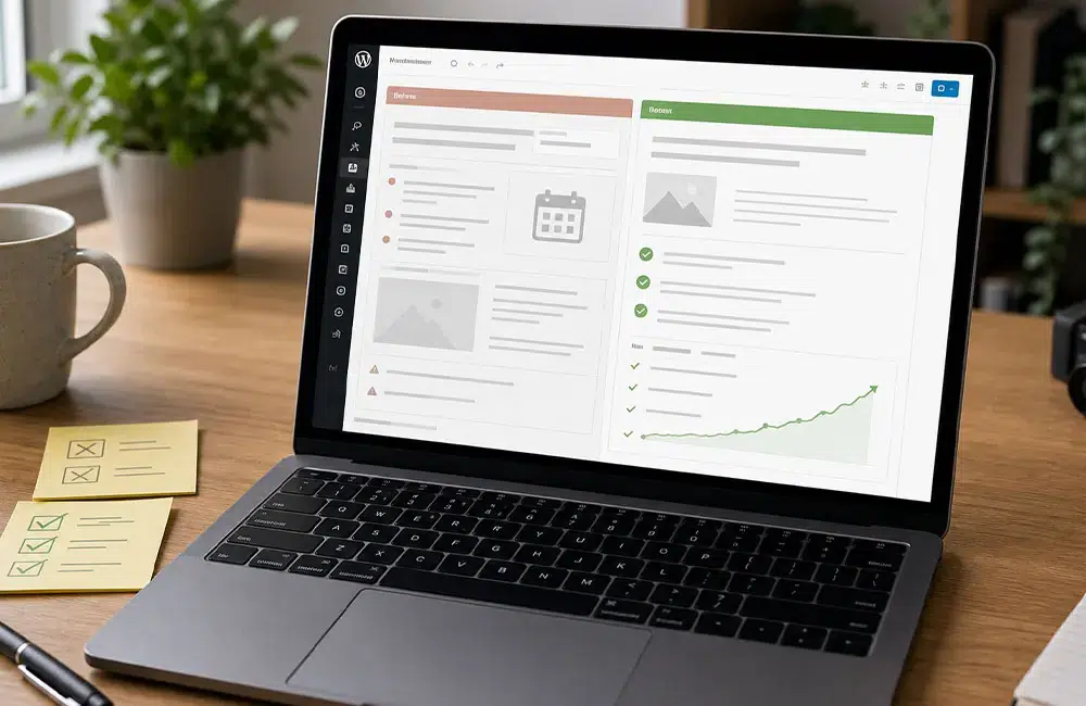 Ordinateur affichant la comparaison entre un ancien article WordPress et sa version mise à jour pour le SEO