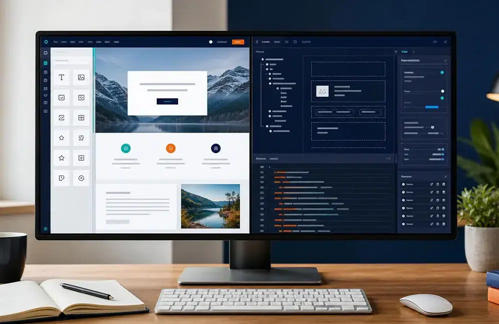 Écran comparant une interface de création visuelle accessible et un builder WordPress orienté structure et code
