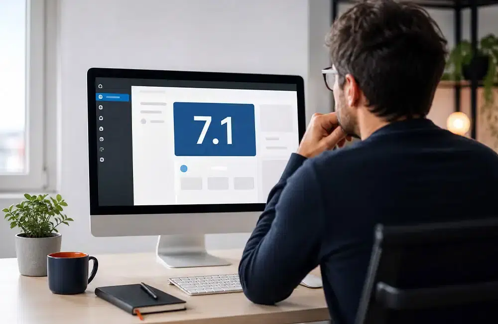 un entrepreneur consulte l’interface WordPress 7.1 sur son ordinateur avant de mettre à jour son site.