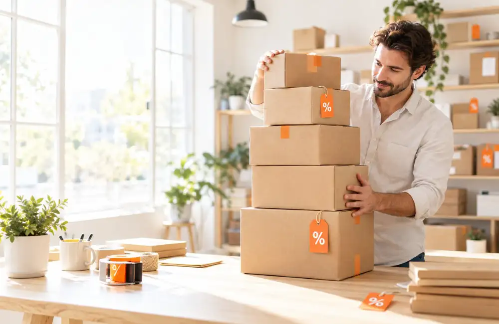 Entrepreneur stabilisant une pile de colis avant le Black Friday