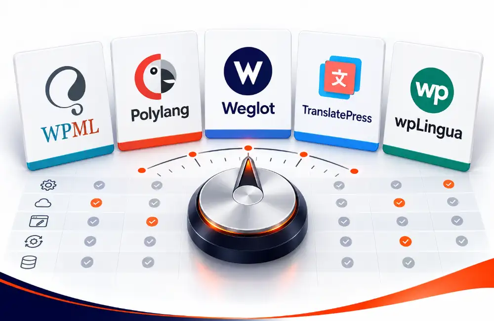 Comparateur visuel de cinq plugins multilingues WordPress avec un sélecteur central